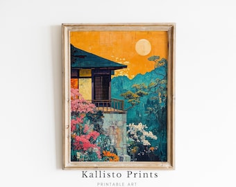 Japanese Moonlit Garden Print, Zen Asian Landscape (Digital Painting)