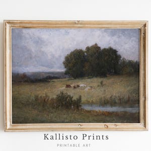 Grazing Cows and Pond Scene | Vintage landscape Oil Painting | Moody Farmhouse Artwork | Pastoral Landscape Digital Print/41