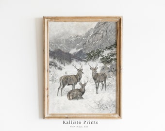 Winter Deer Mountain Landscape Art Print – Rustic Wildlife Scene (Digital Download)