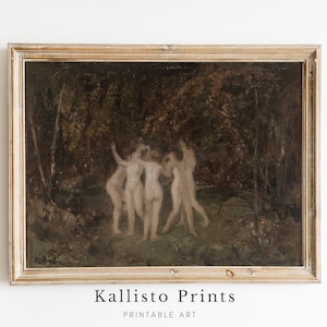 Vintage Waldtanz druckbare Kunst, ätherische Figuren in der Natur, mystische dunkle Academia-Dekor, digitale Kunst Download/87