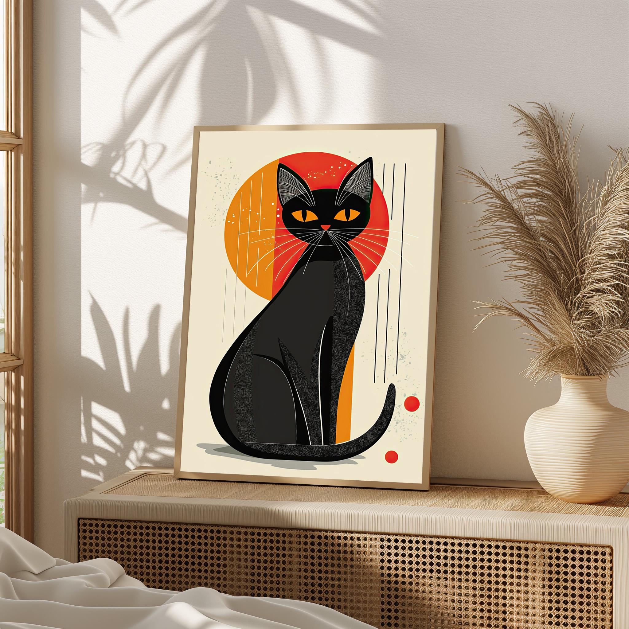 Mid Century Modern Black Cat Art Print, Retro Minimalist Decor (digital ...
