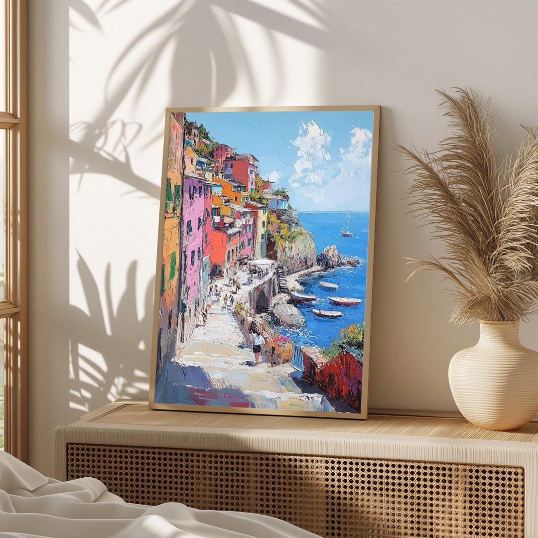 Colorful Mediterranean Coastal Town Wall Art - Digital Print - Vibrant ...