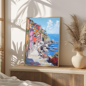 Colorful Mediterranean Coastal Town Wall Art - Digital Print - Vibrant Seaside Décor/692