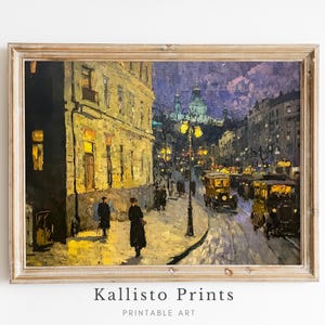 May include: A painting depicting a city street scene at night. The buildings are illuminated with yellow lights, and people can be seen walking on the pavement. Cars and streetlights are also featured in the scene.