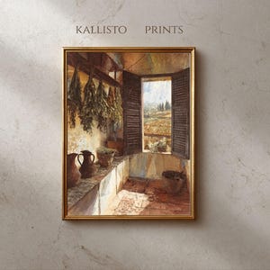 Puede incluir: Una lámina artística enmarcada titulada KALLISTO PRINTS que muestra una pintura al óleo de una ventana abierta con contraventanas de color marrón oscuro con vistas a un paisaje. Dentro, hierbas secas cuelgan sobre una encimera de piedra.