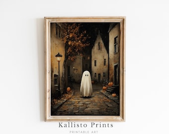 Haunted Village Ghost Print – Dark Cottagecore Halloween Art (Digital Download)