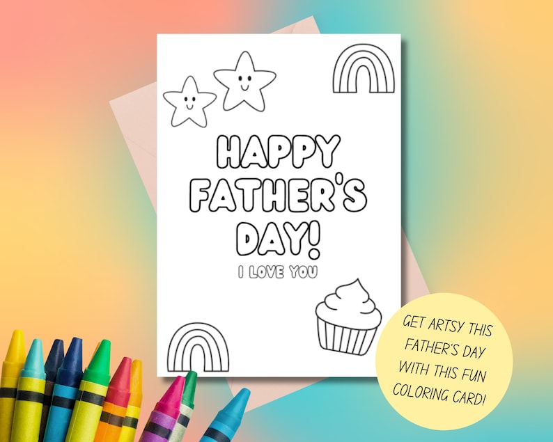 Może przedstawiać: Czarno-biała karta do kolorowania z życzeniami z okazji Dnia Ojca, gwiazdami, tęczami i babeczką. Karta zawiera napis "Wesołego Dnia Ojca! Kocham Cię." oraz "Bądź kreatywny w tym Dniu Ojca z tą fajną kartą do kolorowania!"