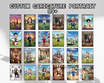 New Custom Caricature Portrait | Personalized Cartoon Golf Art | Digital Download Gift