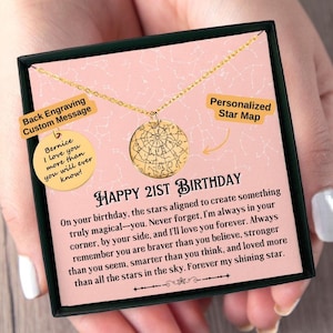 Cadeau de 21e anniversaire pour elle, collier personnalisé carte des étoiles, idée cadeau 21 anniversaire, cadeau d'anniversaire 21 personnalisé pour petite-fille amie