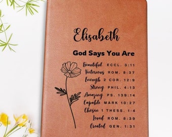 Diario de oración personalizado, regalo cristiano para mujeres, Dios dice que eres, afirmaciones positivas, cuaderno de cuero, regalo de bautismo, Navidad y cumpleaños.
