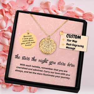 Night You Were Born aangepaste ketting sterrenkaart, ideeën voor gouden verjaardagscadeau, cadeau The Day You Were Born, gepersonaliseerde ketting met kaart