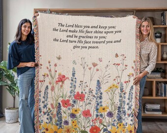 Personalized Woven Blanket with Bible Verse, Wildflower Blanket, Christian Gift for Her Him, Floral Scripture Throw, Baptism Gift