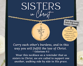 Naszyjnik Siostry w Chrystusie, spersonalizowany naszyjnik z wersetem biblijnym z kwiatowym krzyżem, prezent chrześcijański, pomysł na prezent dla przyjaciół z kościoła, prezent religijny dla kobiety