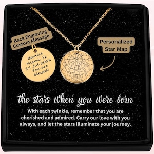 Aangepaste sterrenkaart op datum gouden ketting verjaardagscadeau, idee voor gouden verjaardagscadeau, gepersonaliseerde ketting verjaardagscadeau met berichtkaart