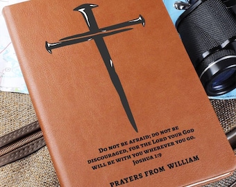Diario de oración personalizado con cruz, nombre personalizado y versículo bíblico, cuaderno de cuero, regalo cristiano para hombres, hijos, nietos, novios y esposos.
