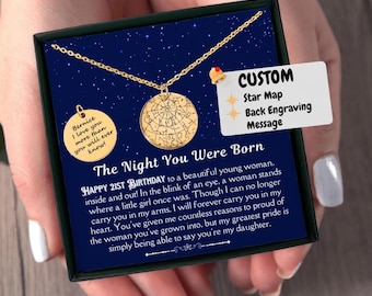 21st Birthday Gift for Daughter Custom Star Map Necklace, 21 Birthday Gift Idea, Personalized 21st Birthday Gift With Card, Meaningful Gift