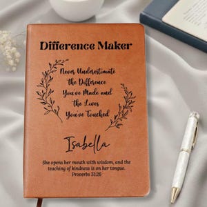 Puede incluir: Un diario de piel sintética color canela con el texto Difference Maker, el nombre Isabella y la cita Never Underestimate the Difference You've Made and the Lives You've Touched, junto al versículo She opens her mouth with wisdom.