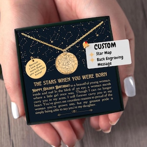 Goldener Geburtstag Benutzerdefinierte Sternkarte Halskette, Goldener Geburtstag Geschenk, Personalisierte Goldener Geburtstag Geschenk mit Karte, Tochter Geschenk, bedeutungsvolles Geschenk