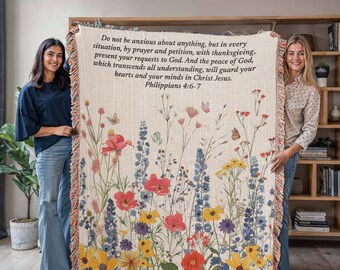 Personalized Woven Blanket with Bible Verse Wildflower Art Throw Bible Art Print Floral Scripture Christian Gift For Him Her Valentine Gift