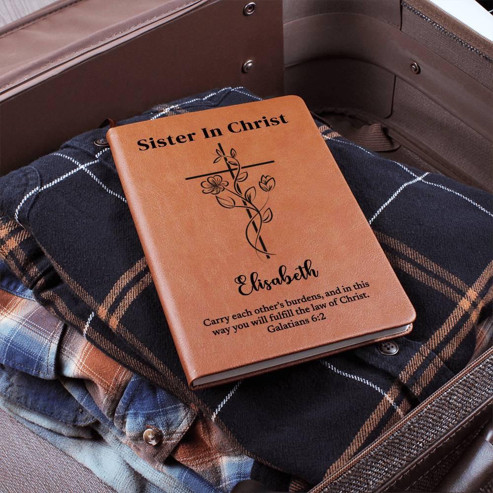 Personalized Leather Journal To Sister In Christ, Custom Name and Bible Verse Notebook, Christian Gift, Flower Cross Christian Baptism Gift