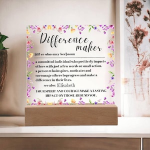 Personalized Difference Maker Acrylic Plaque, Mentor Gift, Retirement Gift, Teacher Appreciation Gift, Night Light Decor, Desk Decoration