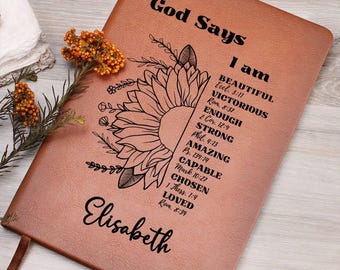 Diario de oración personalizado, regalo cristiano para mujeres, Dios dice "soy", afirmaciones positivas, cuaderno de cuero, regalo de graduación, Navidad y cumpleaños.