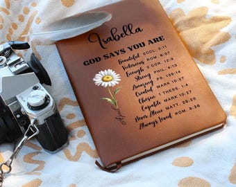 Diario de oración personalizado con flor de nacimiento para mujeres. Dios dice que eres un cristiano. Regalo de cuaderno de cuero. Regalo de San Valentín, graduación, cumpleaños.