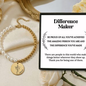 Personalized Difference Maker Premium Pearl & Gold Coin Bracelet, Retirement Gift, Leader Gift, Teacher Appreciation Gift, Thank You Jewelry
