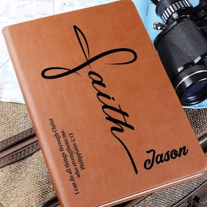 Personalized Faith Prayer Journal, Custom Name and Bible Verse Leather Notebook, Goal Journal for Men and Women, Christian Catholic Gifts