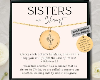 May include: A gold-toned necklace with a circular pendant featuring a cross and floral engraving. The pendant is displayed on a card with the text SISTERS in Christ and Galatians 6:2. A separate gold disc shows the text Back Engraving Custom Message.
