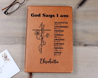 Diario de oración personalizado, regalo cristiano para mujeres. «Dios dice que soy positiva». Libreta de cuero con afirmaciones positivas. Ideal para graduación, bautizo o cumpleaños.