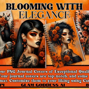 Op de afbeelding: Vier digitale journal covers met een vrouw met donker haar en oranje rozen. De covers zijn in PNG-formaat en zijn 8,5 x 11 inch.