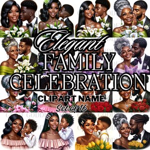 Elegante Familienfeier Clipart - Set von 16 hochauflösende digitale Bilder / Afroamerikaner / Dall-E / Chat GPT