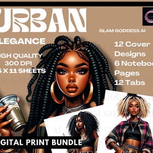 Peut inclure: Lot d'impressions numériques avec des illustrations de femmes noires avec diverses coiffures et accessoires. L'image comprend le texte "URBAN ELEGANCE" et "DIGITAL PRINT BUNDLE". Le lot comprend 12 modèles de couverture, 6 pages de carnet et 12 onglets, avec des feuilles de 21,59 x 27,94 cm.