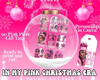 May include: A pink Christmas-themed gift tag bundle with the text "IN MY PINK CHRISTMAS ERA." The image features 90 pink gift tags, ready to print and cut, with a design that can be personalized in Canva. The Etsy shop URL is also included.