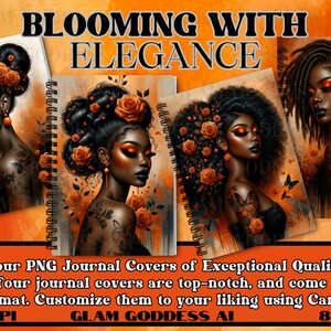 Könnte beinhalten: Vier digitale Journal-Cover mit schwarzen Frauen mit orangefarbenen Blumen und Schmetterlingen. Die Cover sind im digitalen Format und können mit Canva angepasst werden. Der Text "BLOOMING WITH ELEGANCE" befindet sich oben im Bild.