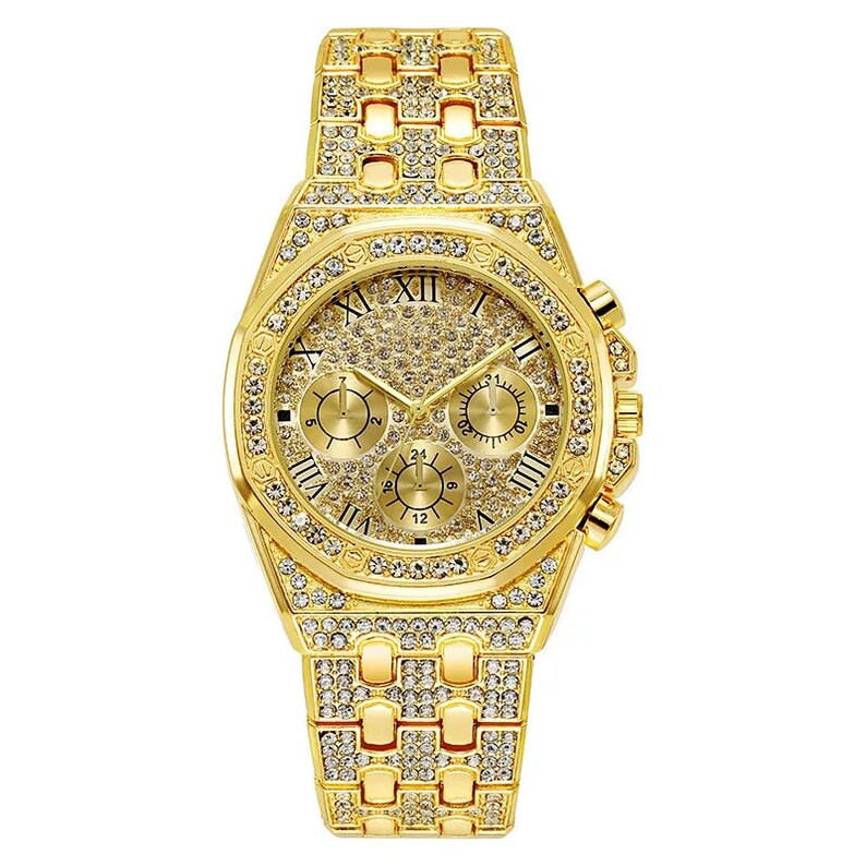 Montre originale Relogios pour hommes, montre de luxe, bracelet à maillons cubains, ensemble de montres pour hommes, bijoux Hip Hop, cadeaux pour garçons d'honneur Or