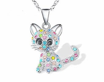 Souhaits transfrontaliers mignon couleur chat diamant pendentif bijoux simples femme européenne et américaine dessin animé animal clavicule chaîne collier