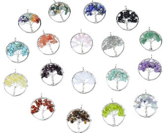 Natural Stone Crystal Pendant 30mm Life Tree Colorful Gravel Pendant Handmade Winding Wisdom Tree Necklace Jewelry