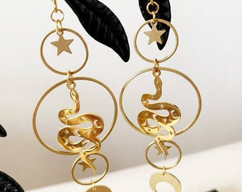 Pendientes colgantes hechos a mano - Pendientes largos de serpiente de oro Joyería Boho Pendientes Boho Sun Moon