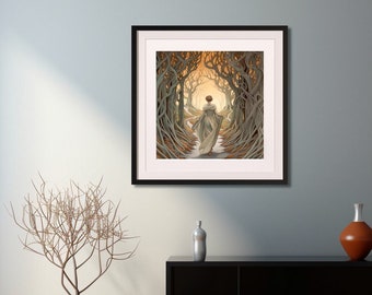 Forest Walk - Digital Download Art Print, a contemporary image of a female walking a stylized forest path. Square format with white border.