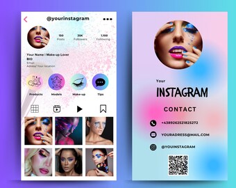 Puede incluir: Un perfil de redes sociales para una maquilladora. El perfil incluye una foto de la artista, una biografía y enlaces a sus productos, modelos, consejos de maquillaje y datos de contacto. El perfil también incluye un código QR.