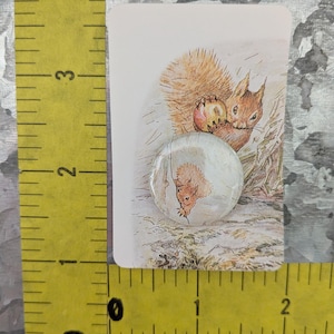 May include: A rectangular card with a watercolor illustration of a squirrel holding an apple. A small, round button with a squirrel image is attached to the card. The card is approximately 3 inches long.