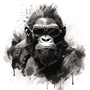 May include: A black and white illustration of a gorilla wearing sunglasses and a leather jacket. The gorilla has a serious expression and is set against a background of black and white paint splatters.