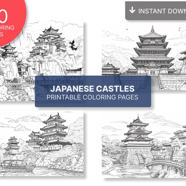 Japanese Castles Coloring Pages | Adult Grayscale Coloring Book | Castles of Japan | Ancient Castles | Instant Download Printable PDF