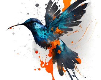 Harmony in Motion: A Splashed Watercolor Hummingbird - Digital Wall Art
