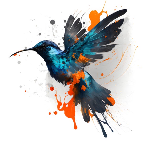 Harmony in Motion: A Splashed Watercolor Hummingbird - Digital Wall Art