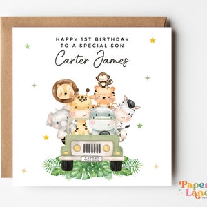 Personalised 1st 2nd 3rd Birthday Card, Safari Jungle Animal Jeep Theme Birthday, For Son, Daughter, Grandson Birthday Card, Children | 05