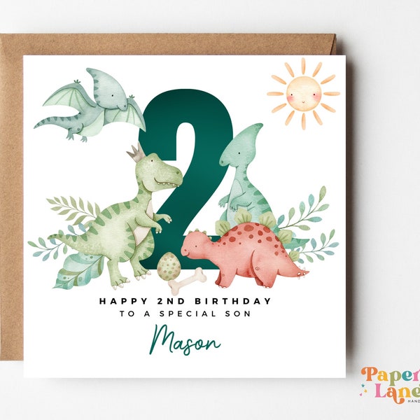 Personalised Dinosaur 2nd Birthday Card | T-rex green dinosaur | Dino Jurassic birthday theme | Second birthday son, nephew, grandson #59