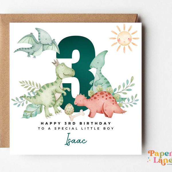 Personalised Dinosaur 3rd Birthday Card | T-rex green dinosaur | Dino Jurassic birthday theme | Third birthday son, nephew, grandson | #59